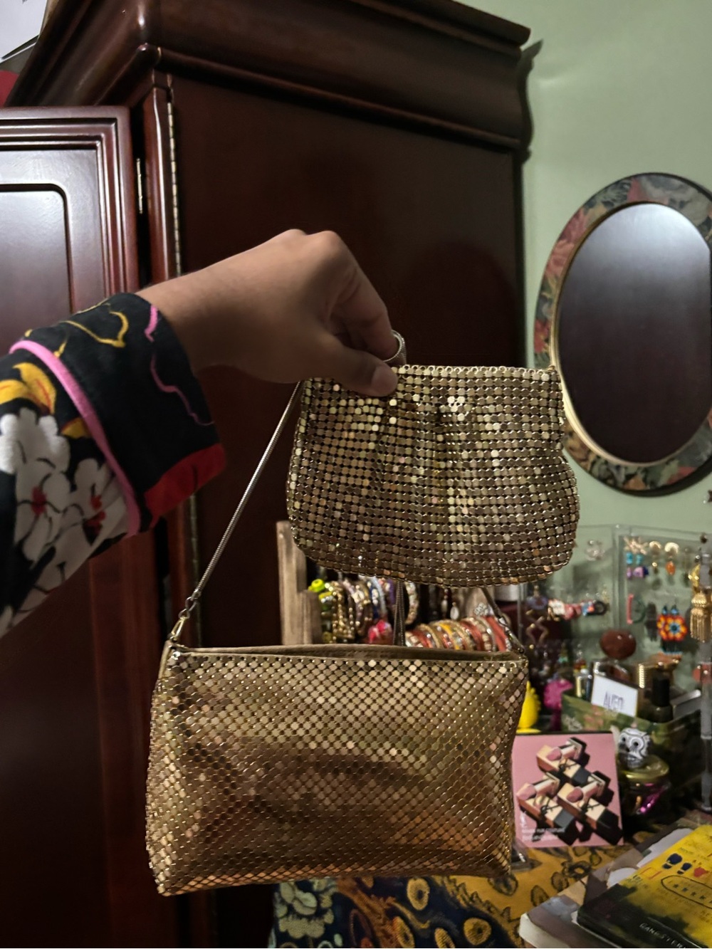Gold Mesh Evening Clutch Set - Women's Party Bag